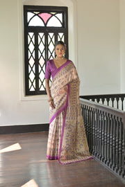 Beige & Wine Soft Tussar Silk Madhubani Printed Saree